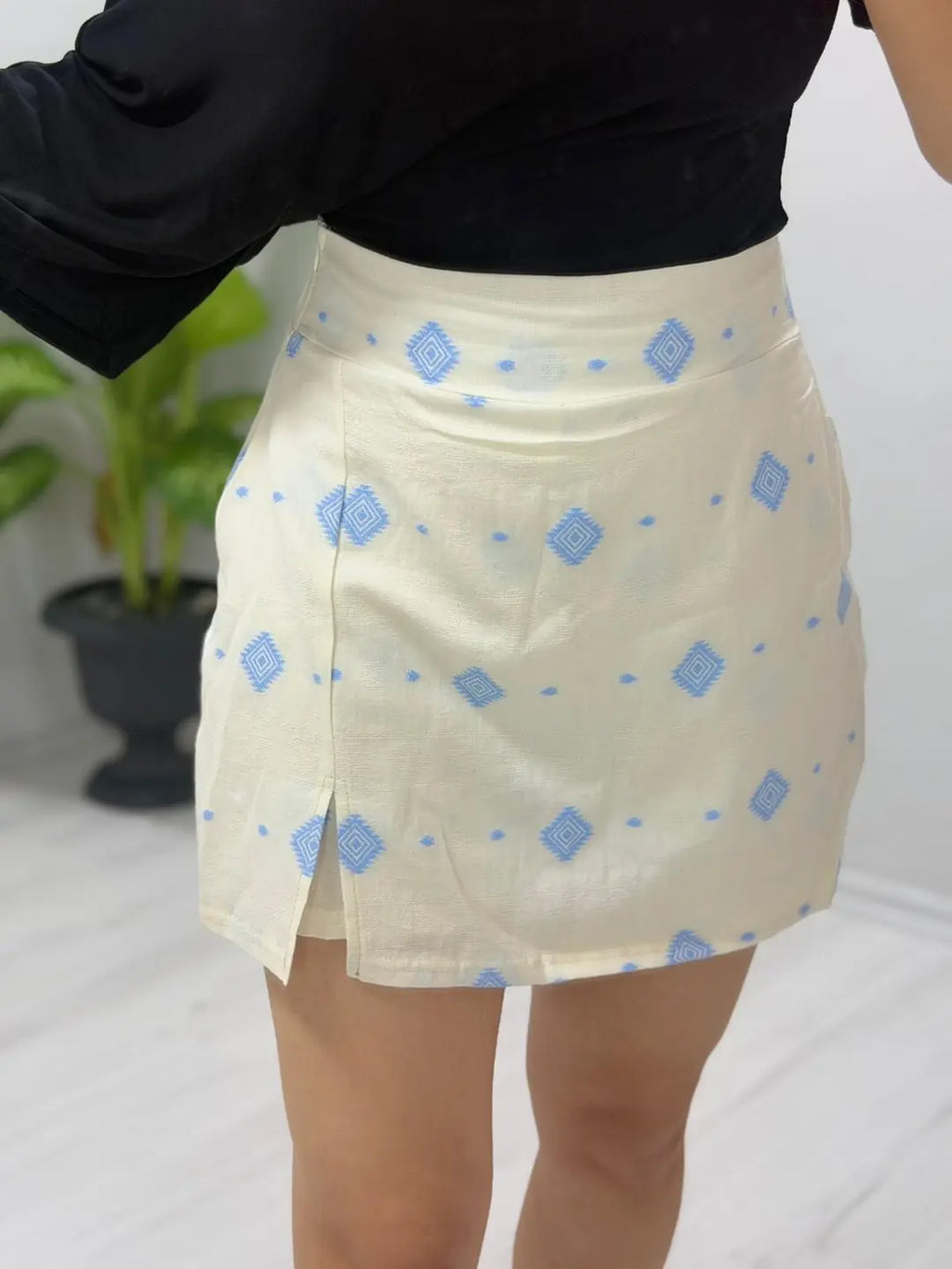 Kadın Keten Kumaş Batik Desenli Şort Etek - Krem