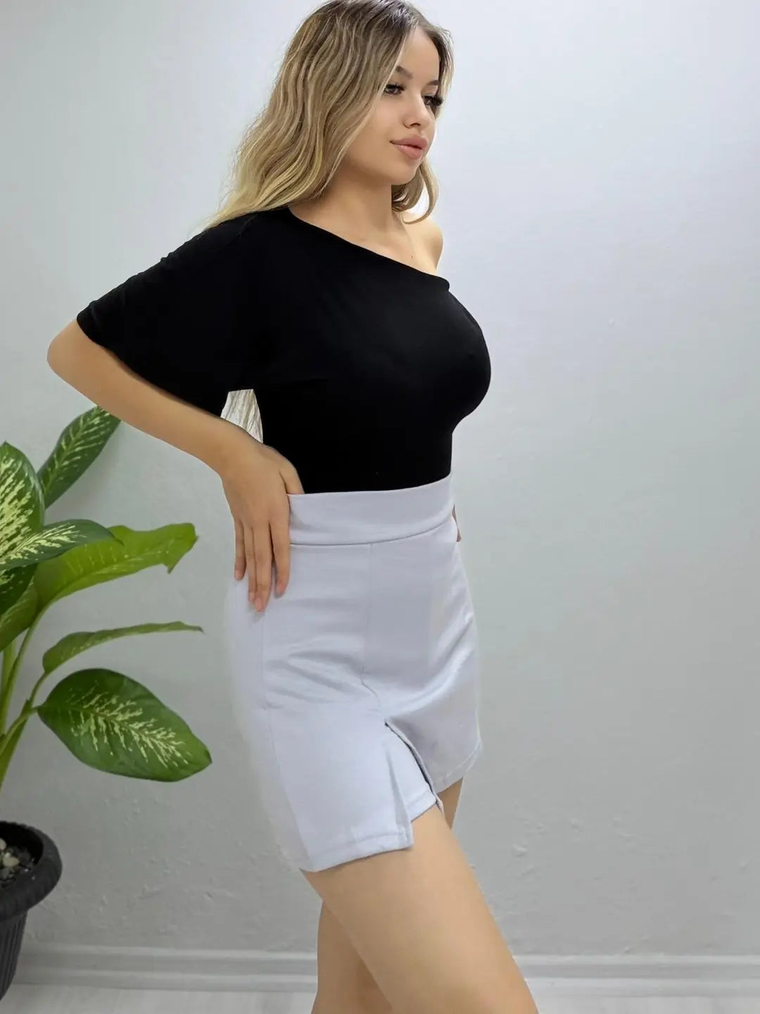Kadın Önü Yırtmaçlı Şort Etek - Gri