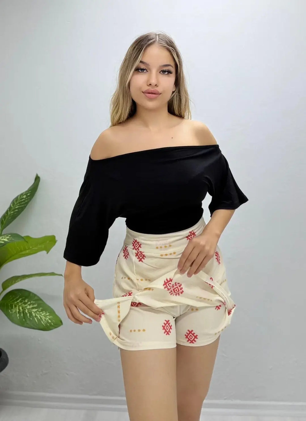 Kadın Keten Kumaş Batik Desenli Şort Etek - Kırmızı