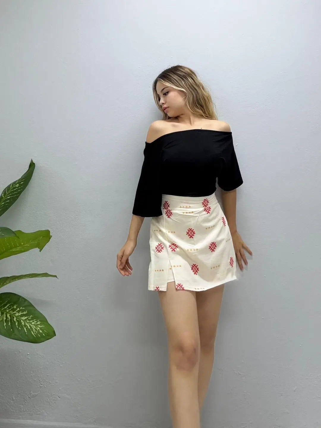 Kadın Keten Kumaş Batik Desenli Şort Etek - Kırmızı
